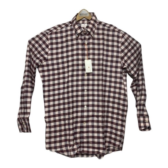 NWT Bruli Mens Red Grey & Pink Plaid Long Sleeve Cotton Button Down Size 42/16.5 - Picture 1 of 7